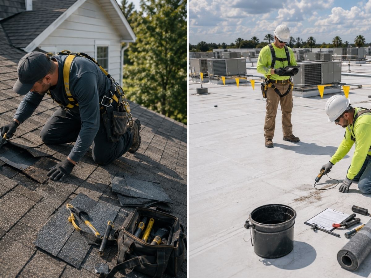 Residential shingle roof repair compared with a larger commercial flat roof leak inspection and repair.