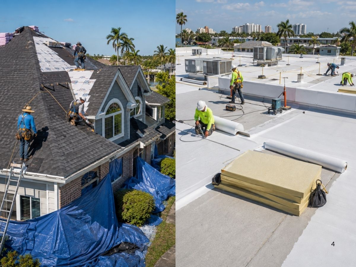Residential steep-slope roof replacement compared with a commercial low-slope roofing project in South Florida.