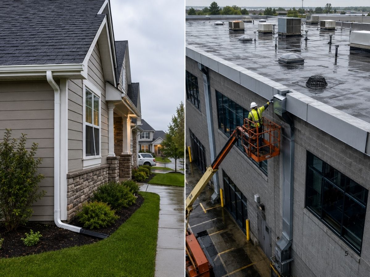 Residential seamless gutters compared with large-scale commercial roof drainage and gutter systems.