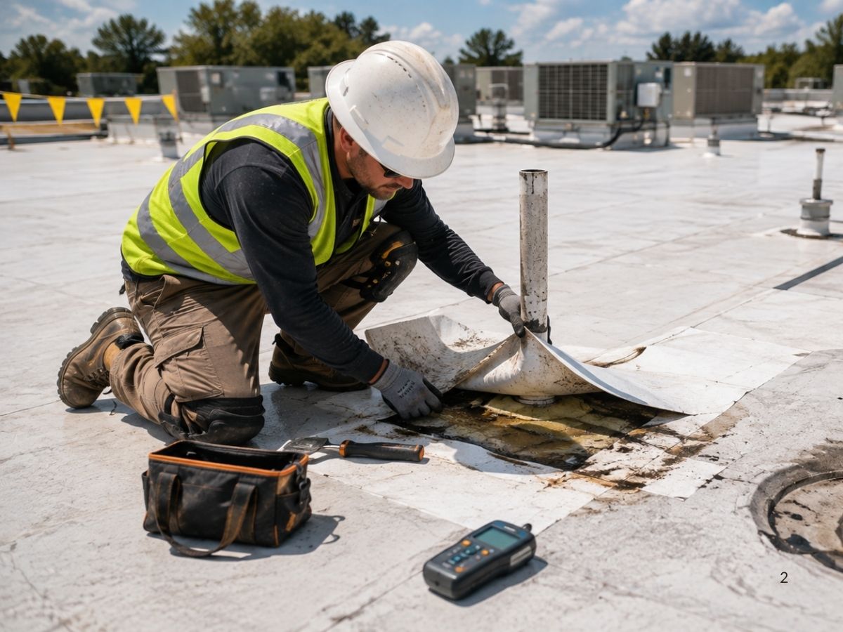 Roofing contractor inspecting TPO membrane damage and the source of a commercial roof leak.
