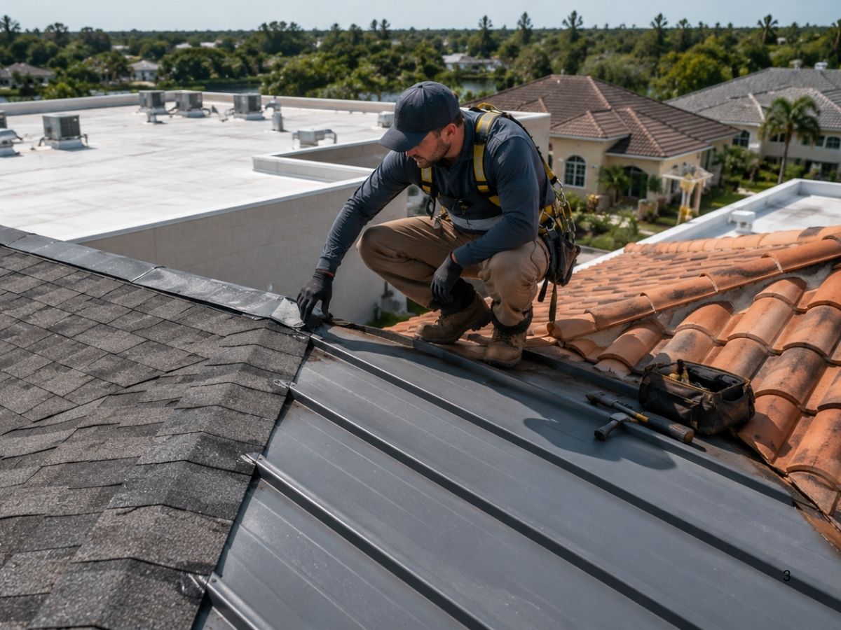 Roofing contractor inspecting asphalt shingles, metal, tile, and commercial membrane roofing systems with different repair costs.