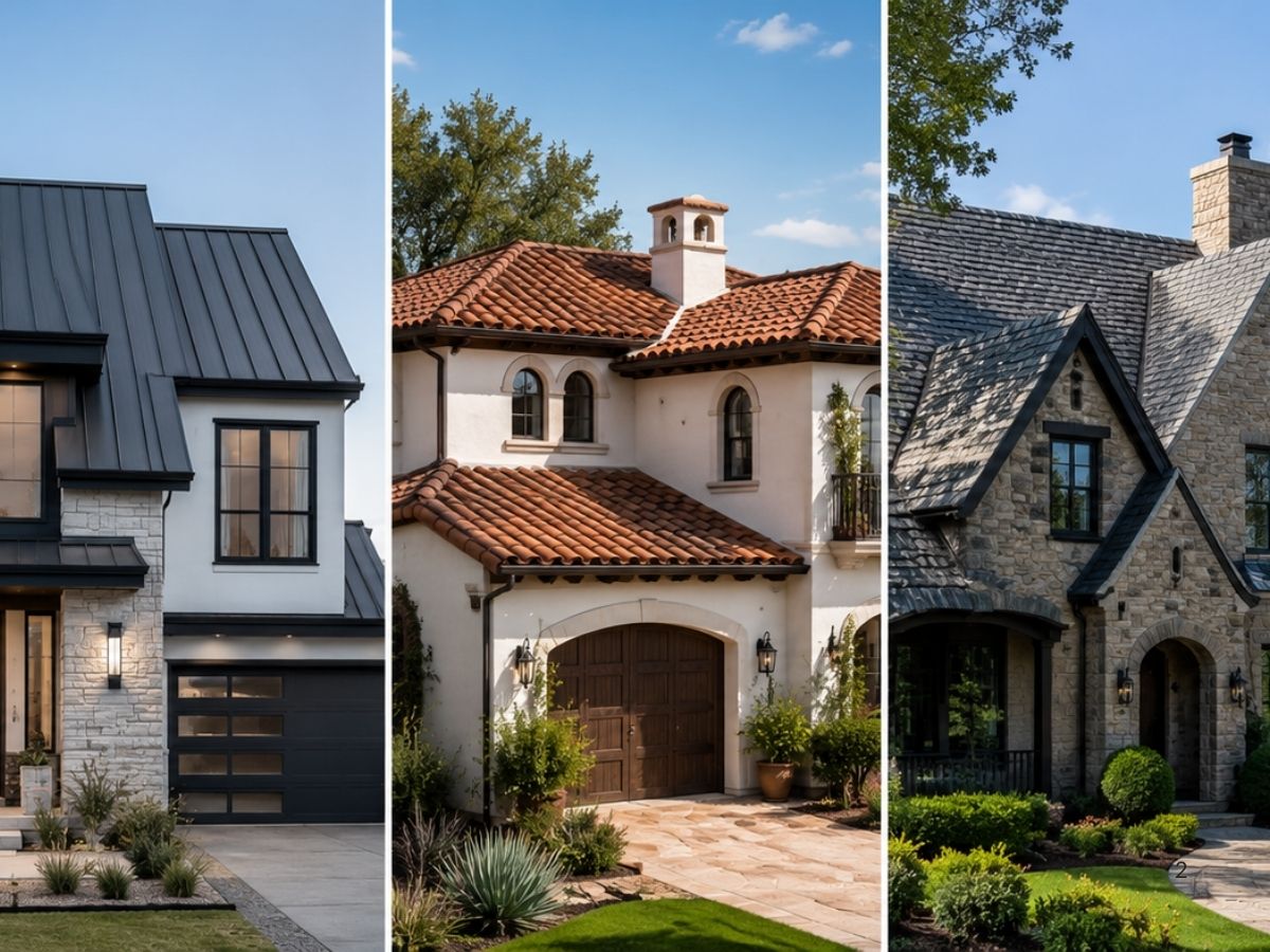 Side-by-side comparison of asphalt shingle, metal, tile, slate, and composite roofs on residential homes.