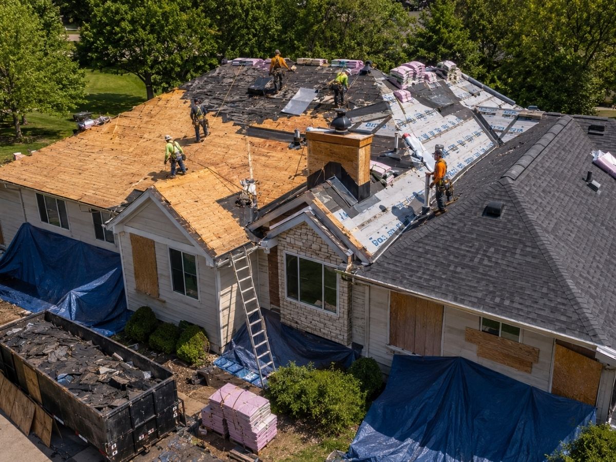 Professional roof replacement showing tear-off, decking inspection, waterproof underlayment, flashing, ventilation, and new shingle installation.
