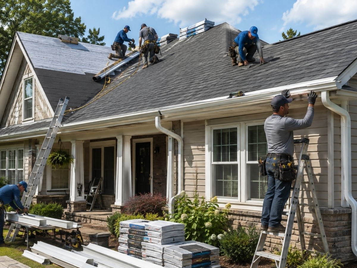 Professional crew replacing an asphalt shingle roof and seamless gutters together on a residential home.