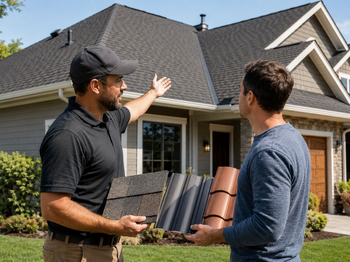 Homeowner and roofing contractor comparing residential roofing materials outside a suburban home.