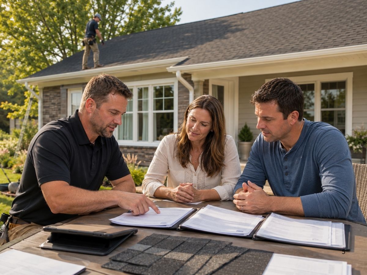 Homeowners reviewing roofing warranties and final project details with a contractor after a professional roof installation.