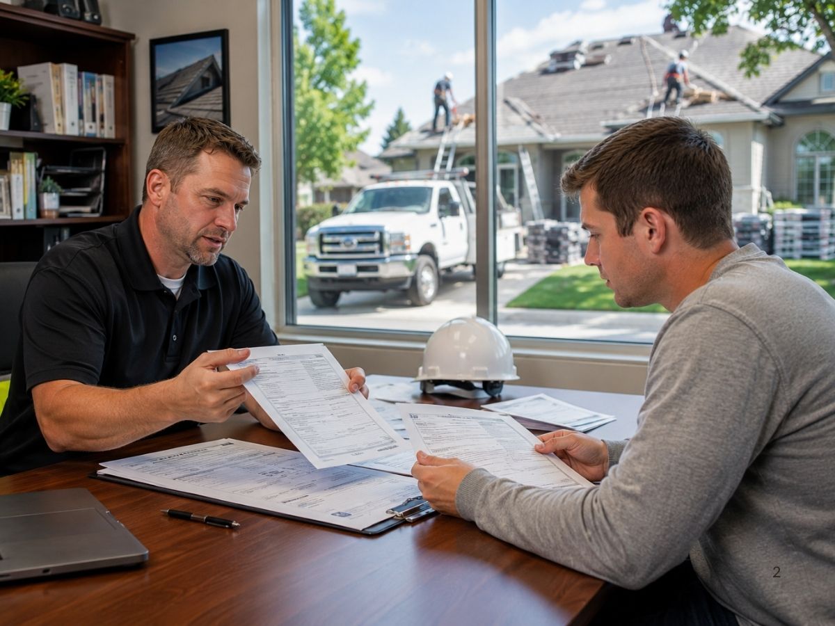 Homeowner verifying a residential roofing contractor’s license, insurance, permits, and local business credentials.