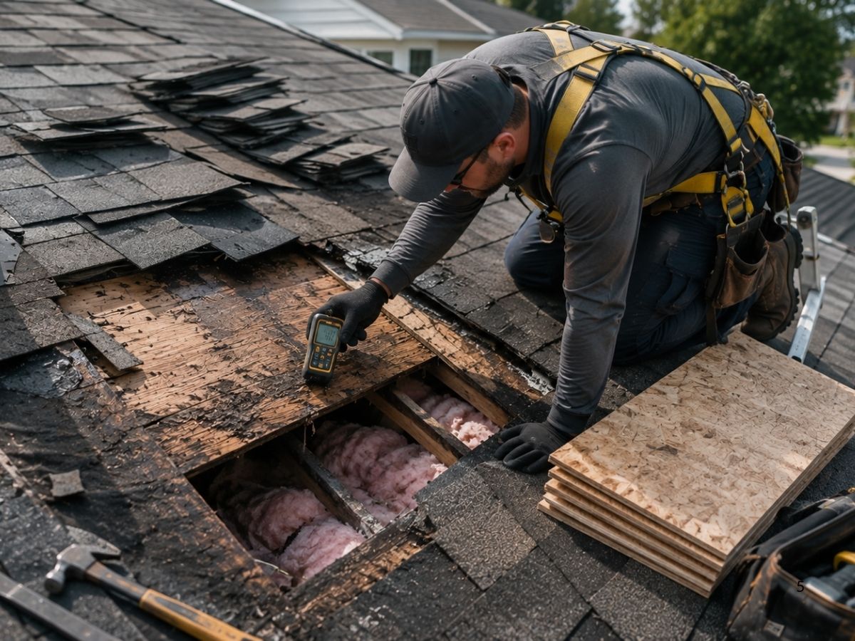Roofing contractor uncovering water-damaged decking and insulation beneath a leaking roof.