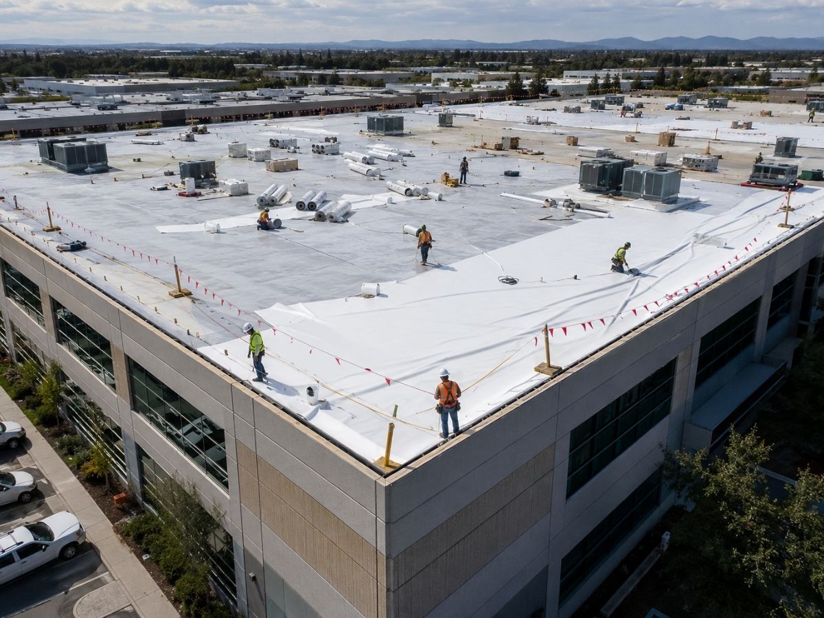 Commercial roofing crew installing a flat roof system on a large warehouse using professional safety equipment.