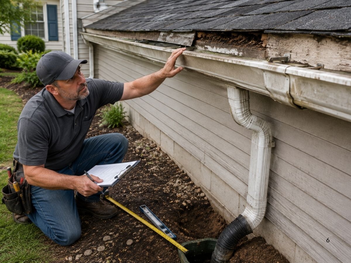 Contractor inspecting rotted fascia, gutter condition, and drainage issues before preparing a gutter installation estimate.
