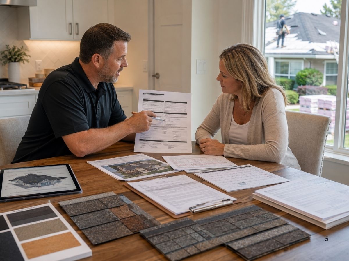 Homeowner and roofing contractor reviewing a detailed roof replacement proposal, materials, warranty, timeline, and permit documents.