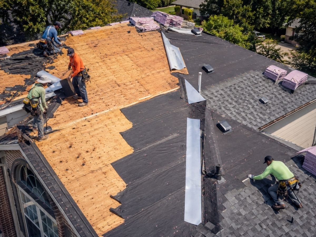 Full roof replacement showing exposed decking, waterproof underlayment, flashing, ventilation, and new shingles being professionally installed.