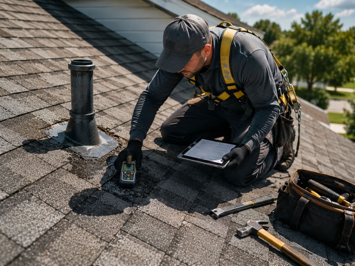 Professional roofer inspecting a roof leak and documenting damage for a detailed repair estimate.
